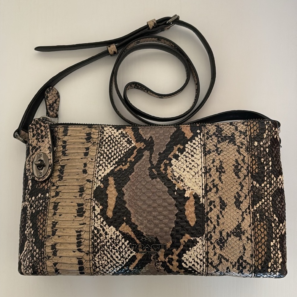 Coach Crosby Pieced Exotic Embossed Leather Gunmetal Gusset Zip Crossbody